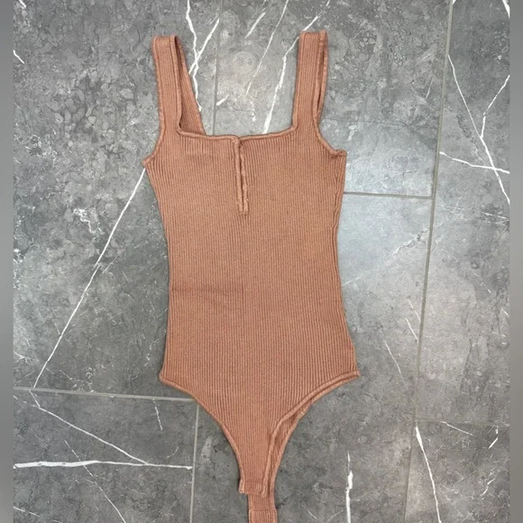 And Now This Tan Ribbed Square Neck Bodysuit Women’s Size S - Picture 2 of 6